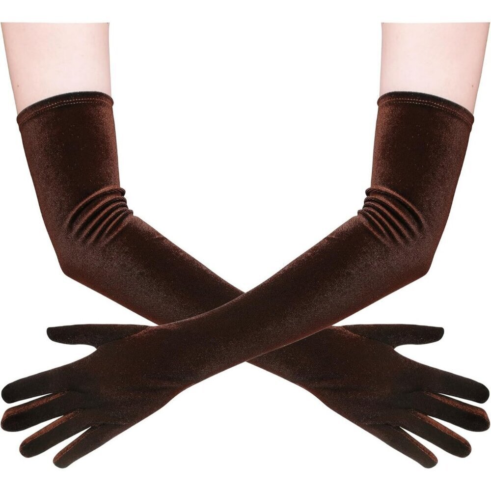 Women's Coffee Velvet Long Gloves Elbow Length Costume Flapper Evening Banquet